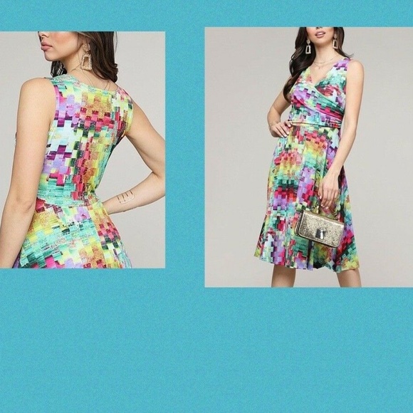 LBISSE "TEAL& PURPLE ABSTRACT PRINT SLEEVELESS SURPLICE" DRESS~MEDIUM - Picture 3 of 6